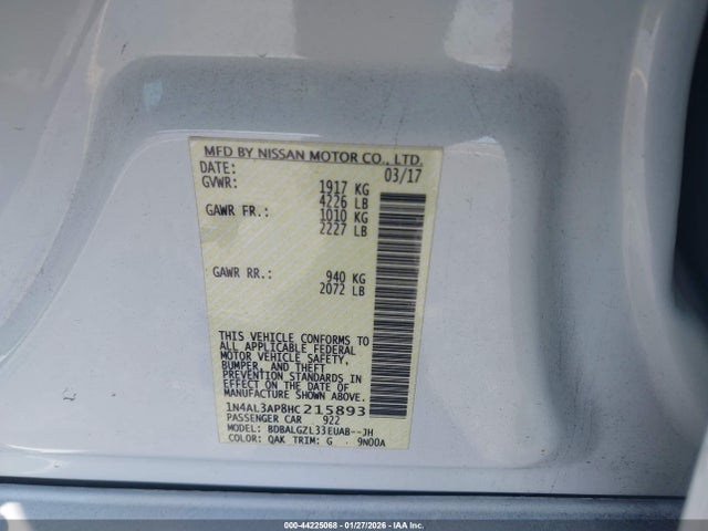 44225068 :رقم المزاد ، 1N4AL3AP8HC215893 vin ، 2017 Nissan Altima 2.5 S مزاد بيع