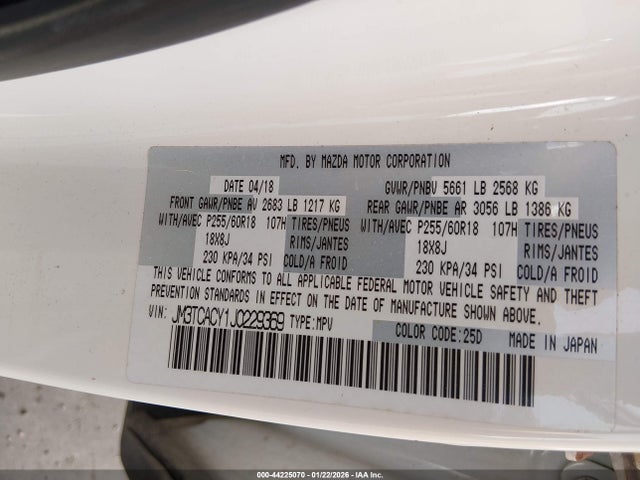 Продаж на аукціоні авто 2018 Mazda Cx-9 Touring, vin: JM3TCACY1J0229369, номер лоту: 44225070