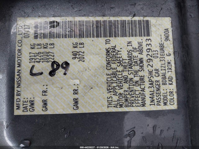 1N4AL3AP5HC292933 Nissan Altima 2.5 Sv