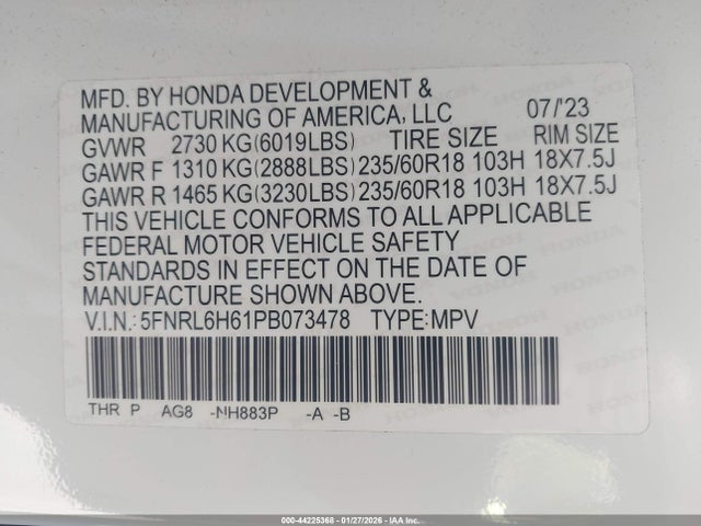 5FNRL6H61PB073478 Honda Odyssey Ex-l