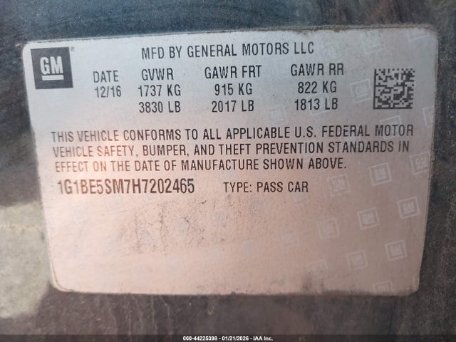 Продаж на аукціоні авто 2017 Chevrolet Cruze Lt Auto, vin: 1G1BE5SM7H7202465, номер лоту: 44225398