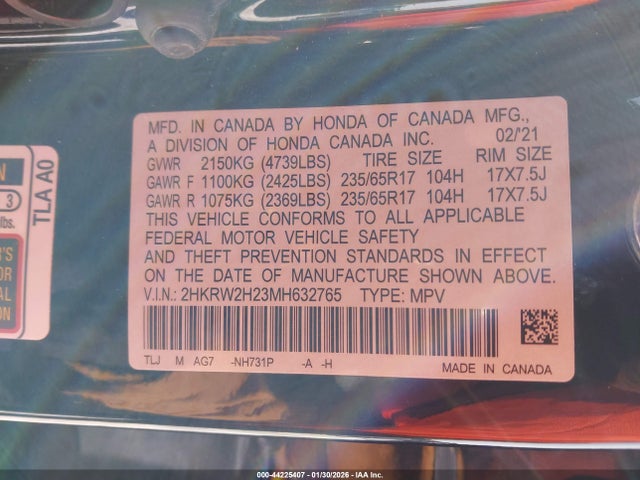 2HKRW2H23MH632765 Honda Cr-v Awd Lx