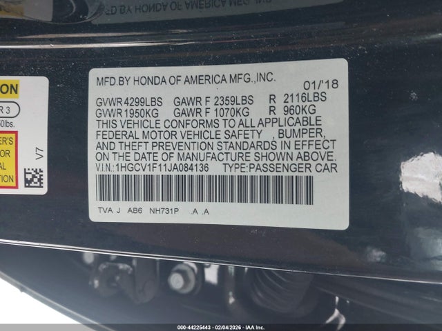 44225443 :رقم المزاد ، 1HGCV1F11JA084136 vin ، 2018 Honda Accord Lx مزاد بيع