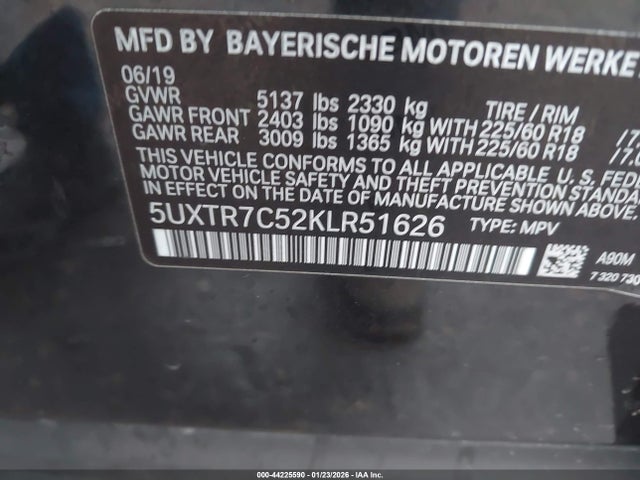 Продаж на аукціоні авто 2019 Bmw X3 Sdrive30i, vin: 5UXTR7C52KLR51626, номер лоту: 44225590