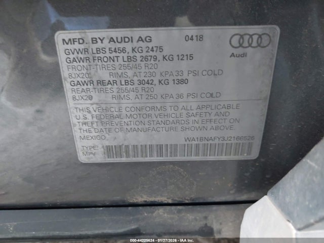 44225624 :رقم المزاد ، WA1BNAFY3J2166526 vin ، 2018 Audi Q5 2.0t Premium/2.0t Tech Premium مزاد بيع