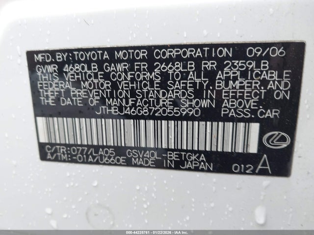 44225761 :رقم المزاد ، JTHBJ46G872055990 vin ، 2007 Lexus Es 350 مزاد بيع