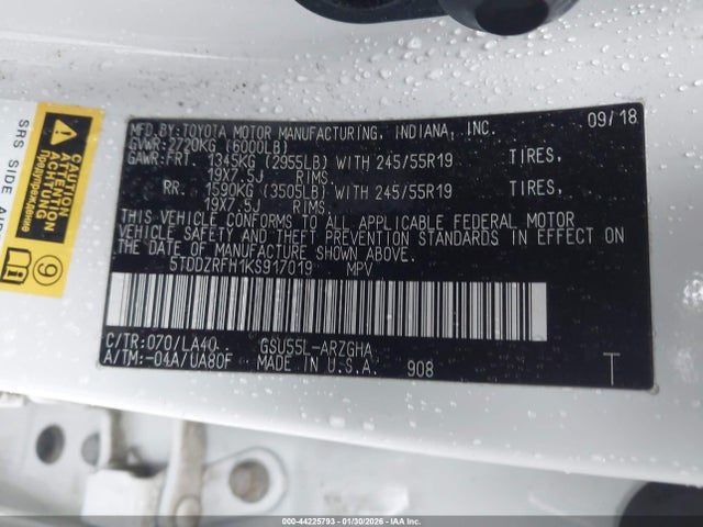 5TDDZRFH1KS917019 Toyota Highlander Limited Platinum