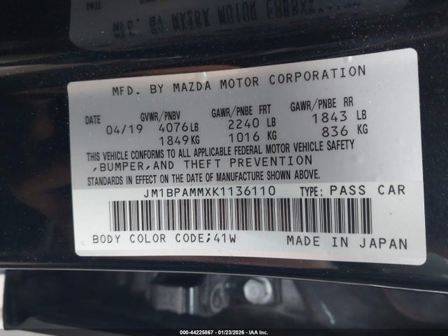 Продаж на аукціоні авто 2019 Mazda Mazda3 Preferred Package, vin: JM1BPAMMXK1136110, номер лоту: 44225867