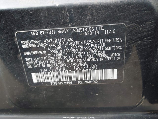 44225904 :رقم المزاد ، JF2GPADC7G8223590 vin ، 2016 Subaru Crosstrek 2.0i Premium مزاد بيع