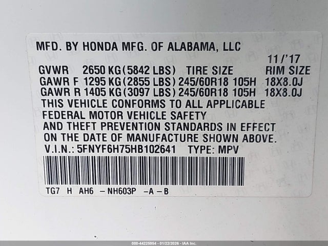 Aukcja sprzedaży 2017 Honda Pilot Ex-l, vin: 5FNYF6H75HB102641, numer aukcji: 44225954