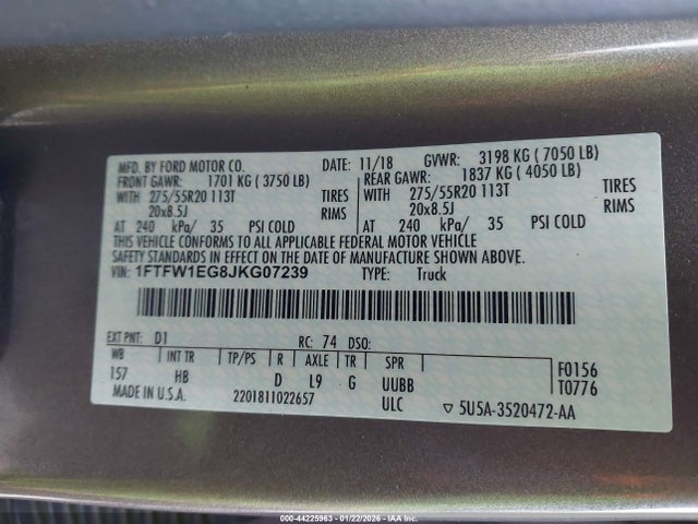 1FTFW1EG8JKG07239 Ford F-150 Lariat