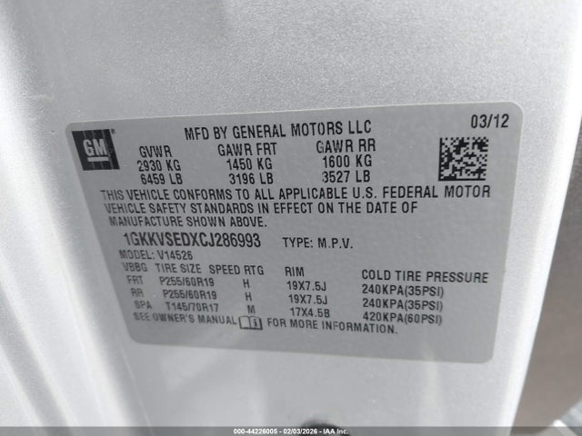 2012 Gmc Acadia Slt-2 მანქანა იყიდება აუქციონზე, vin: 1GKKVSEDXCJ286993, აუქციონის ნომერი: 44226005