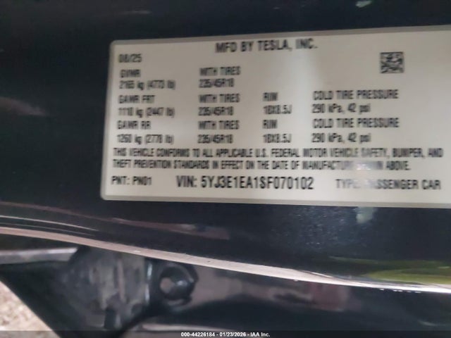 2025 Tesla Model 3 Long Range Rear-wheel Drive/standard Rear-wheel Drive მანქანა იყიდება აუქციონზე, vin: 5YJ3E1EA1SF070102, აუქციონის ნომერი: 44226184