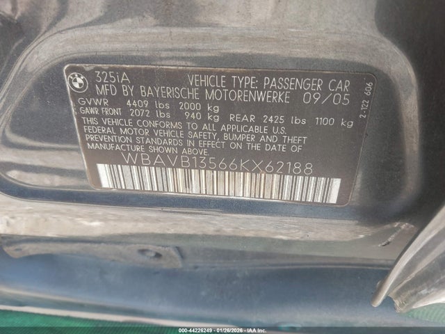 Aukcja sprzedaży 2006 Bmw 325i, vin: WBAVB13566KX62188, numer aukcji: 44226249