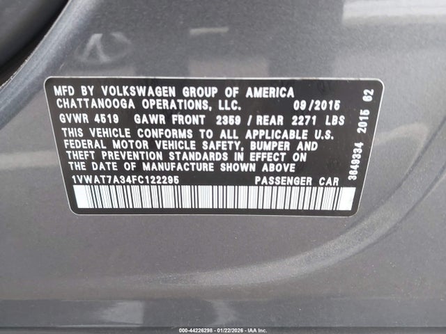 2015 Volkswagen Passat 1.8t Limited Edition მანქანა იყიდება აუქციონზე, vin: 1VWAT7A34FC122295, აუქციონის ნომერი: 44226298