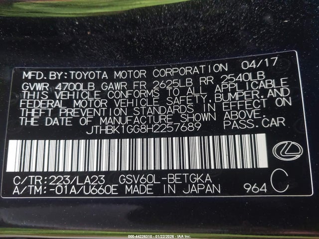 JTHBK1GG8H2257689 Lexus ES 350