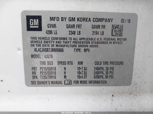2018 Buick Encore Preferred მანქანა იყიდება აუქციონზე, vin: KL4CJASB7JB666660, აუქციონის ნომერი: 44226355