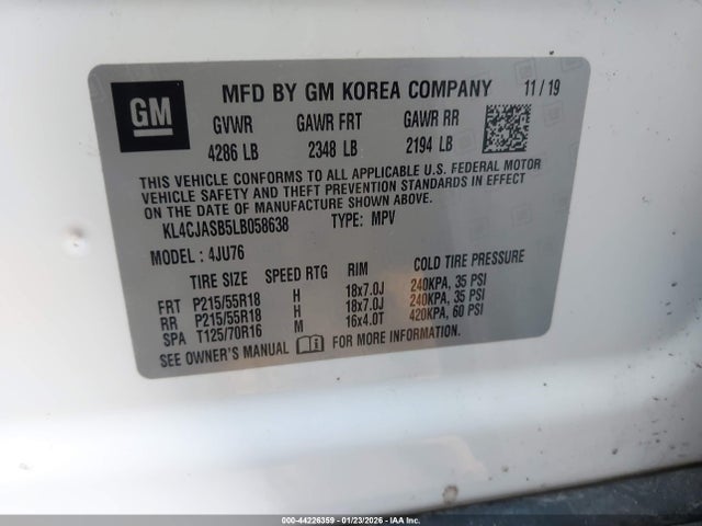 Aukcja sprzedaży 2020 Buick Encore Fwd Preferred, vin: KL4CJASB5LB058638, numer aukcji: 44226359