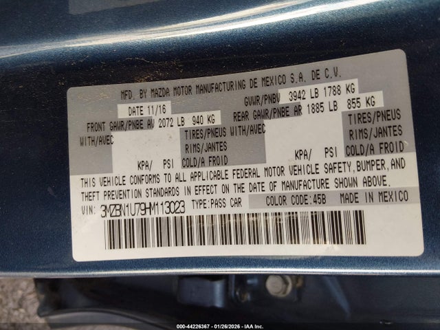 Продажа на аукционе авто 2017 Mazda Mazda3 Sport, vin: 3MZBN1U79HM113023, номер лота: 44226367