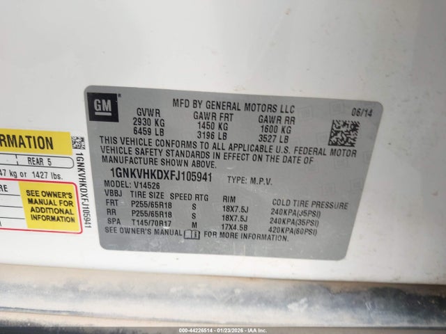 1GNKVHKDXFJ105941 Chevrolet Traverse 2lt