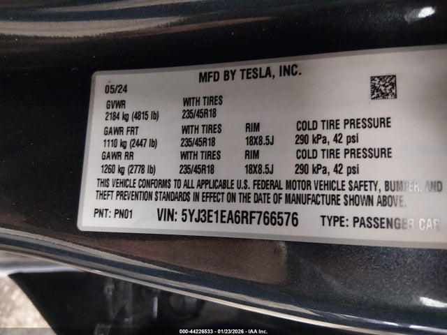 Продажа на аукционе авто 2024 Tesla Model 3 Long Range Dual Motor All-wheel Drive/rear-wheel Drive, vin: 5YJ3E1EA6RF766576, номер лота: 44226533