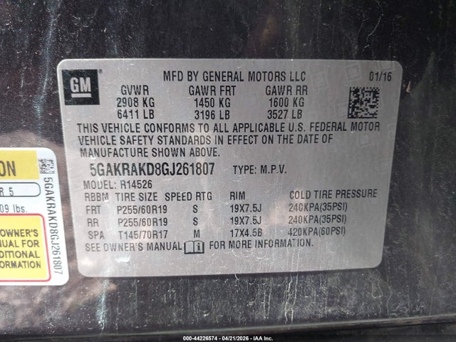 Продажа на аукционе авто 2016 Buick Enclave Convenience, vin: 5GAKRAKD8GJ261807, номер лота: 44226574
