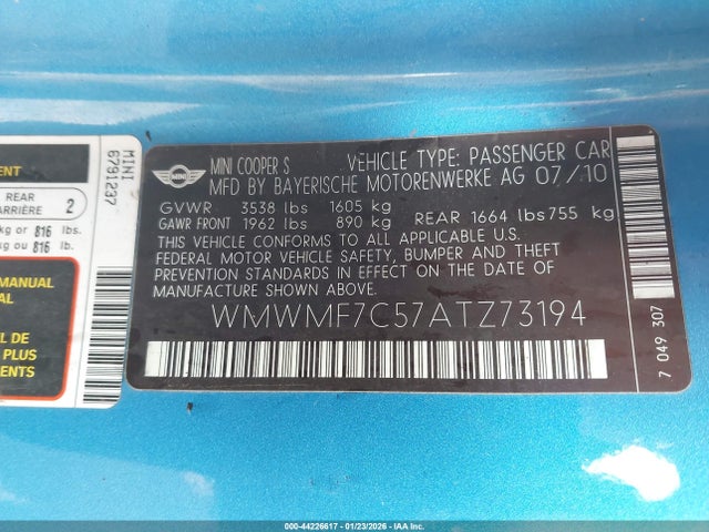 2010 MINI COOPER S WMWMF7C57ATZ73194 Photo 8