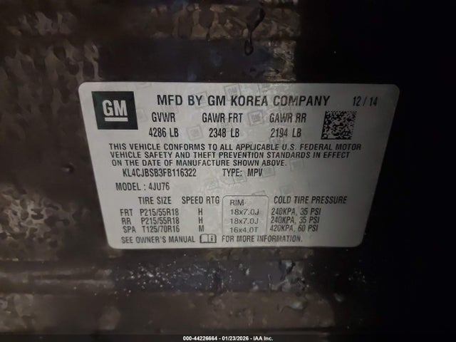 44226664 :رقم المزاد ، KL4CJBSB3FB116322 vin ، 2015 Buick Encore Convenience مزاد بيع
