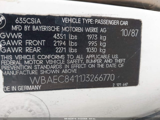 1988 BMW 635 WBAEC8411J3266770 Photo 8