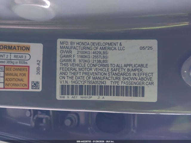 44226783 :رقم المزاد ، 1HGCY2F79SA052943 vin ، 2025 Honda Accord Hybrid Sport-l مزاد بيع
