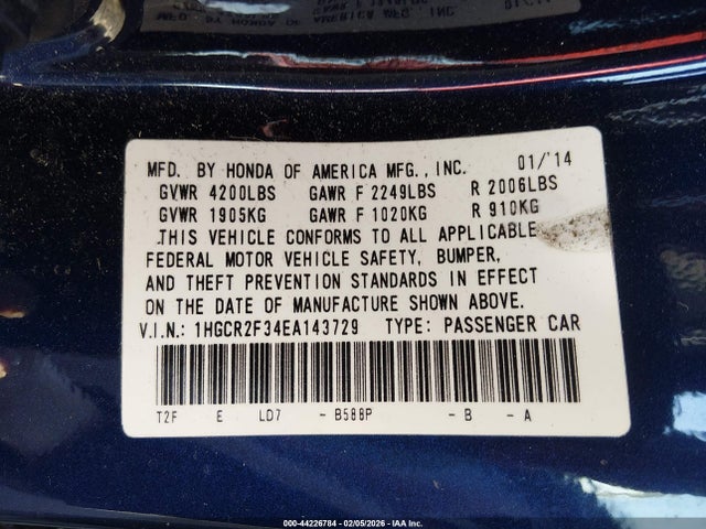 Honda ACCORD LX 2014 1HGCR2F34EA143729 Image 9