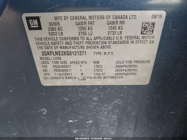 Продаж на аукціоні авто 2016 Gmc Terrain Sle-2, vin: 2GKFLNE3XG6121271, номер лоту: 44226816