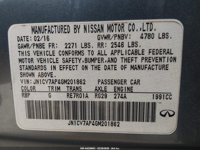 Продажа на аукционе авто 2016 Infiniti Q50 2.0t Base/2.0t Premium, vin: JN1CV7AP4GM201862, номер лота: 44226983