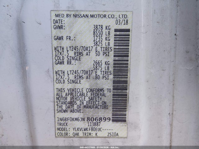 1N6BF0KM6JN806899 Nissan Nv Cargo Nv1500 S V6