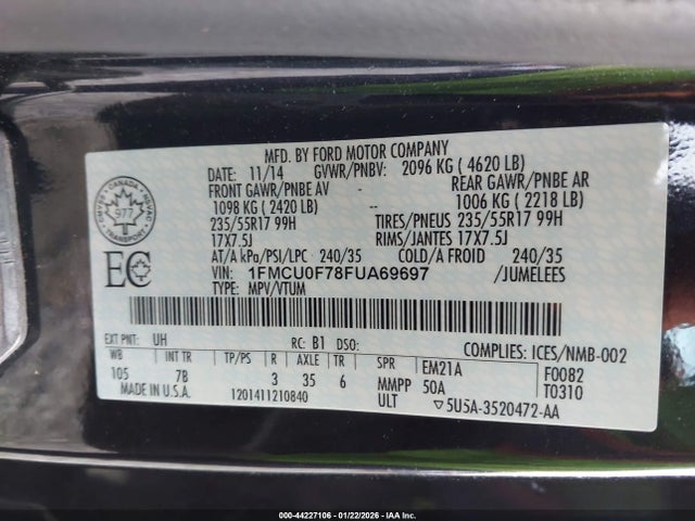 1FMCU0F78FUA69697 Ford ESCAPE S