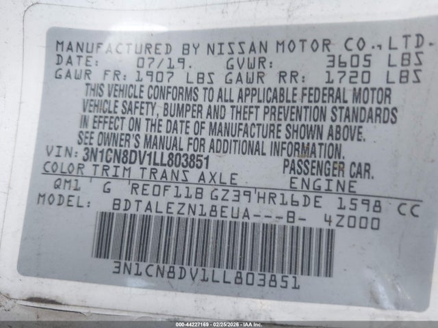 Nissan Versa S Xtronic Cvt 2020 3N1CN8DV1LL803851 Image 9