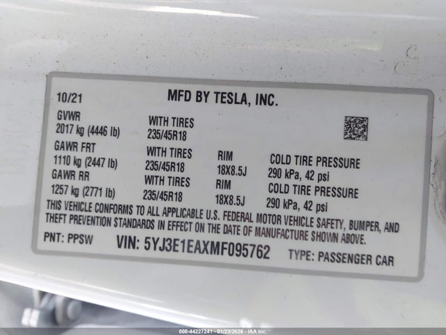 2021 TESLA MODEL 3 5YJ3E1EAXMF095762 Photo 8