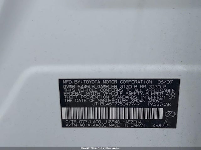 Продаж на аукціоні авто 2007 Lexus Ls 460, vin: JTHBL46F775047749, номер лоту: 44227259