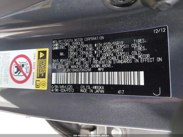 Aukcja sprzedaży 2013 Lexus Rx 450h, vin: JTJBC1BA6D2060268, numer aukcji: 44227317