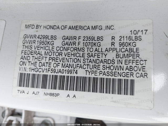 1HGCV1F59JA019974 Honda Accord Ex-l