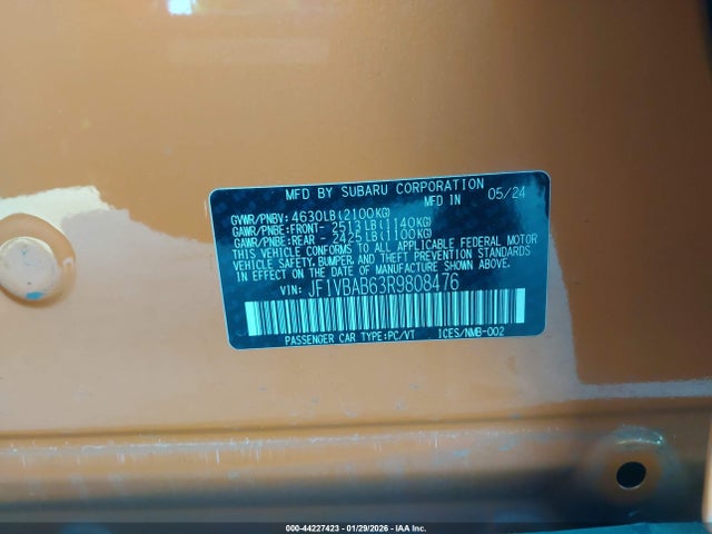 Продаж на аукціоні авто 2024 Subaru Wrx, vin: JF1VBAB63R9808476, номер лоту: 44227423