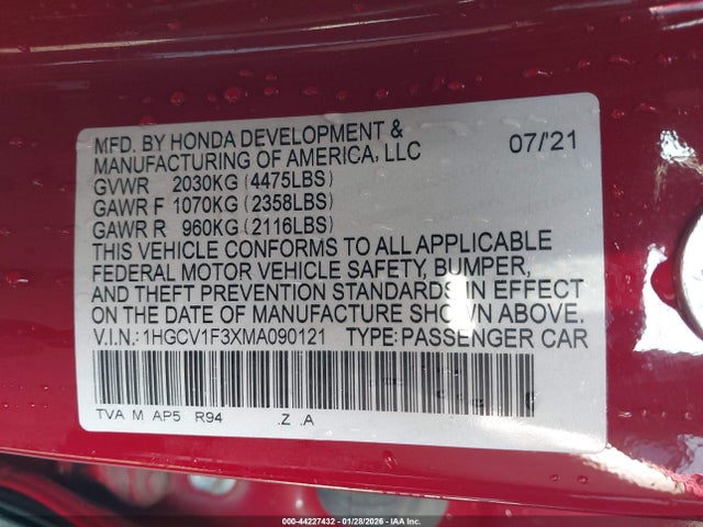 1HGCV1F3XMA090121 Honda Accord Sport