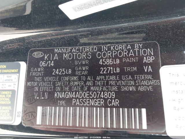 KNAGN4AD0E5074809 KIA Optima Hybrid Ex