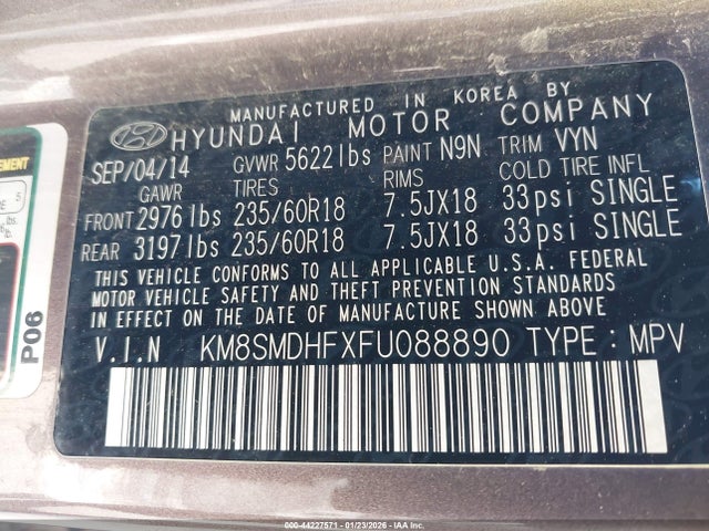 KM8SMDHFXFU088890 Hyundai Santa Fe Gls