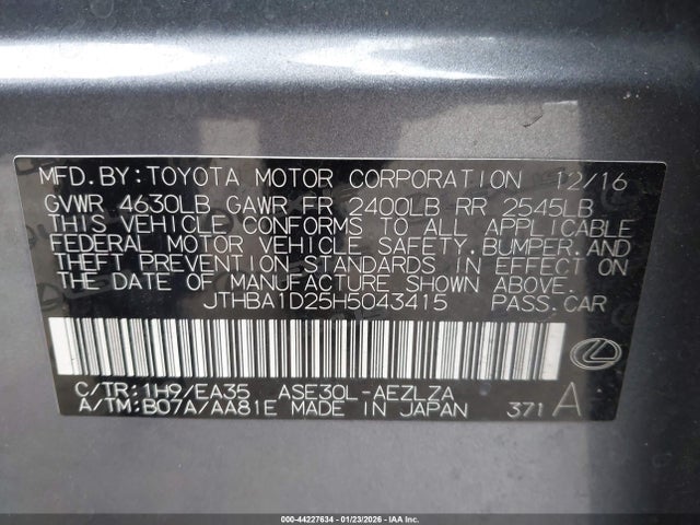 2017 Lexus Is 200t მანქანა იყიდება აუქციონზე, vin: JTHBA1D25H5043415, აუქციონის ნომერი: 44227634