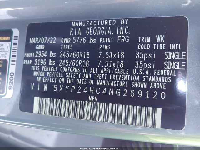 5XYP24HC4NG269120 KIA Telluride Lx