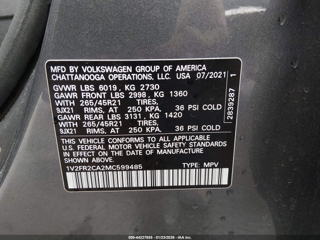 Продаж на аукціоні авто 2021 Volkswagen Atlas 3.6l V6 Sel Premium R-line, vin: 1V2FR2CA2MC599485, номер лоту: 44227655