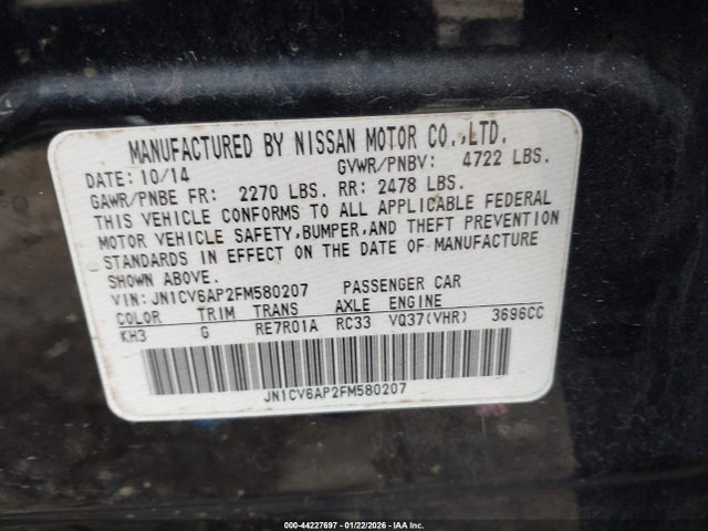 44227697 :رقم المزاد ، JN1CV6AP2FM580207 vin ، 2015 Infiniti Q40 مزاد بيع