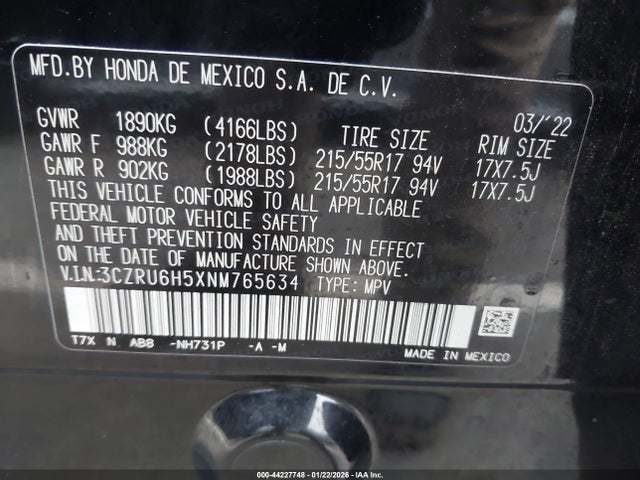 3CZRU6H5XNM765634 Honda Hr-v Awd Ex