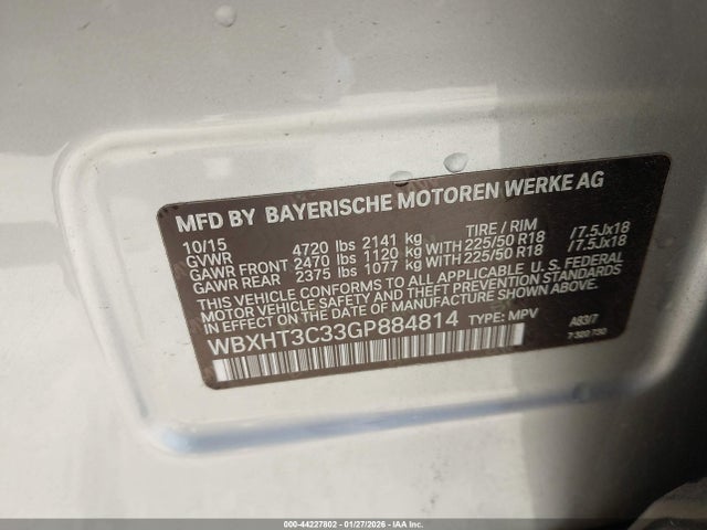 44227802 :رقم المزاد ، WBXHT3C33GP884814 vin ، 2016 Bmw X1 Xdrive28i مزاد بيع